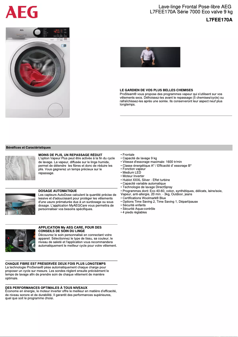 Page 1 de la notice Fiche technique AEG L7FEE170A
