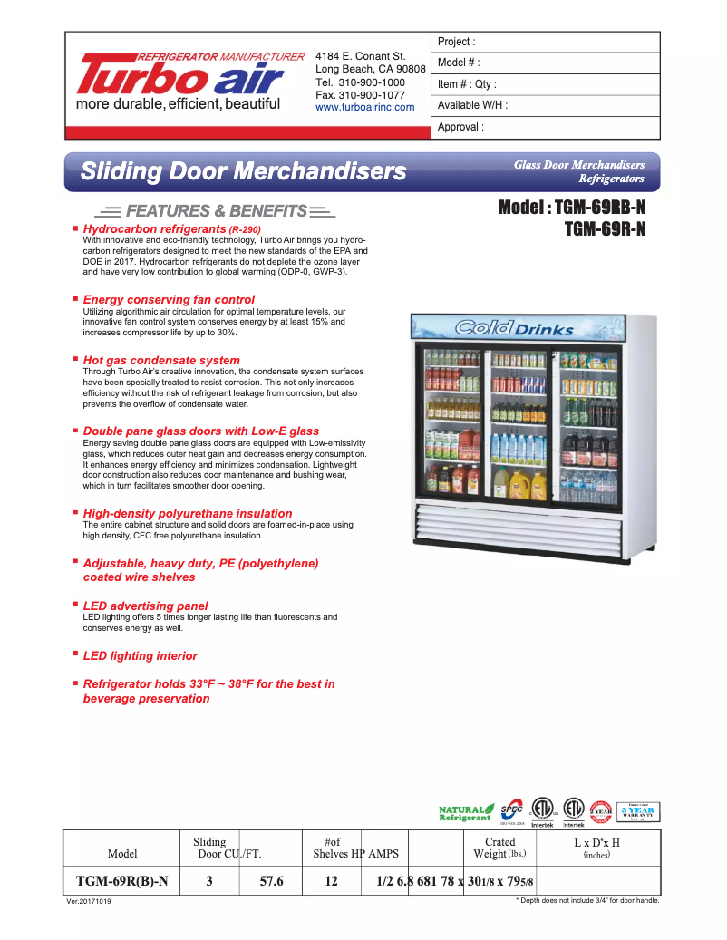 Página 1 del manual Ficha técnica Turbo air TGM-69R