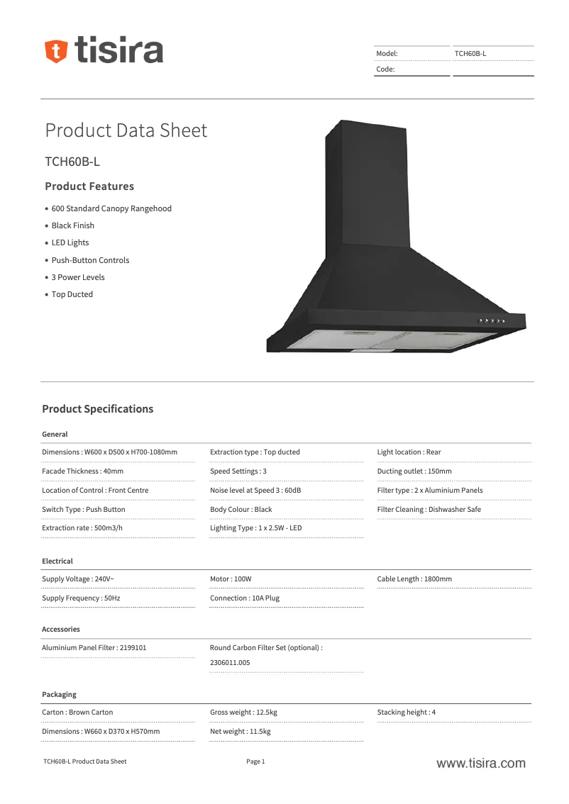 Page 1 de la notice Fiche technique Tisira TCH60B