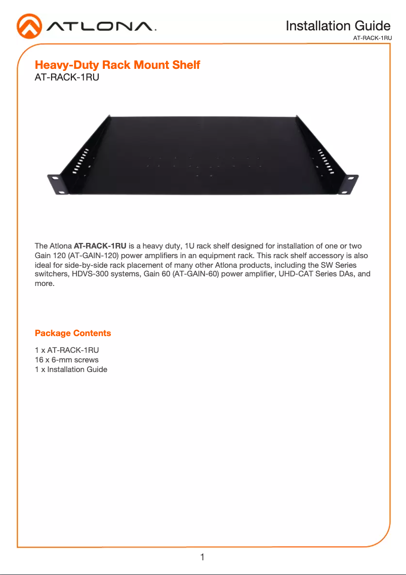 Page 1 of the manual User Manual Atlona AT-RACK-1RU