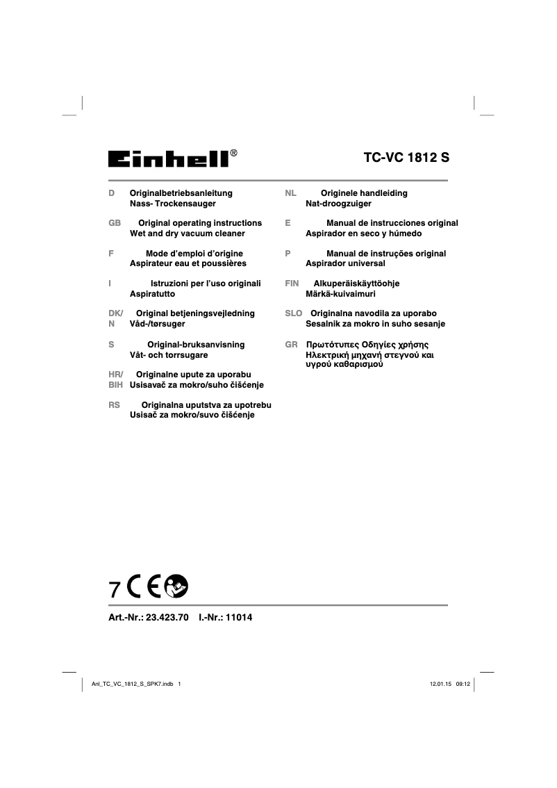 Page 1 de la notice Manuel utilisateur Einhell TC-VC 1812 S