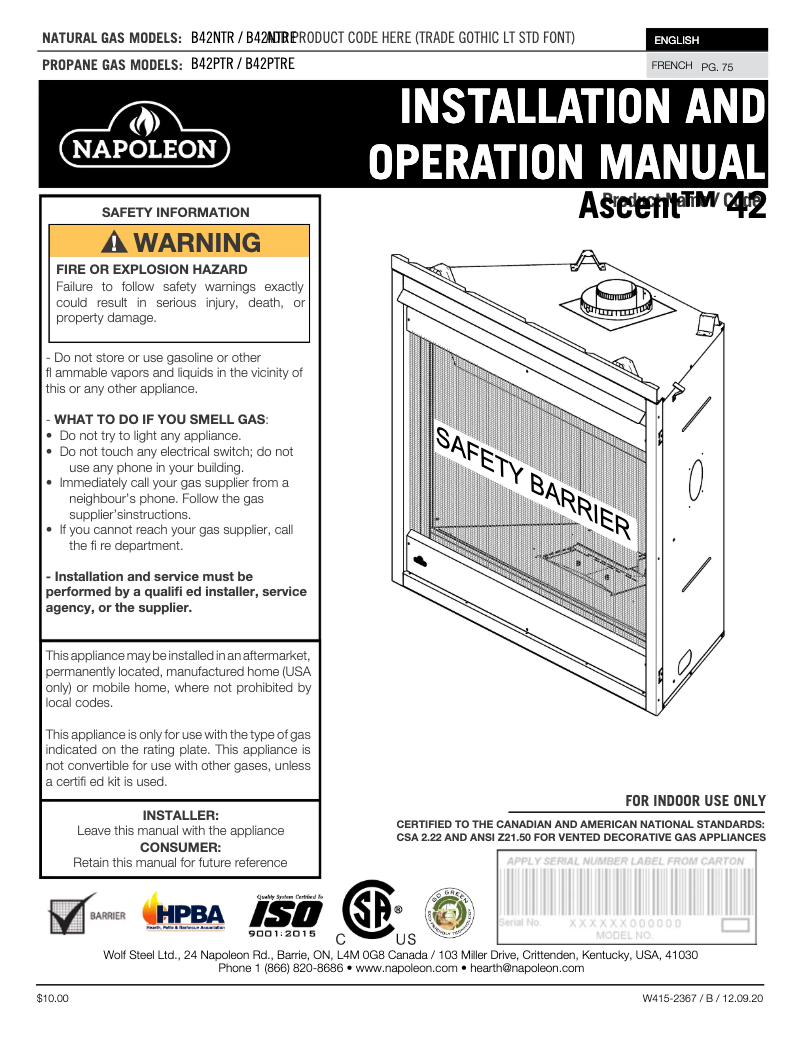 Page 1 of the manual User Manual Napoleon Ascent 42