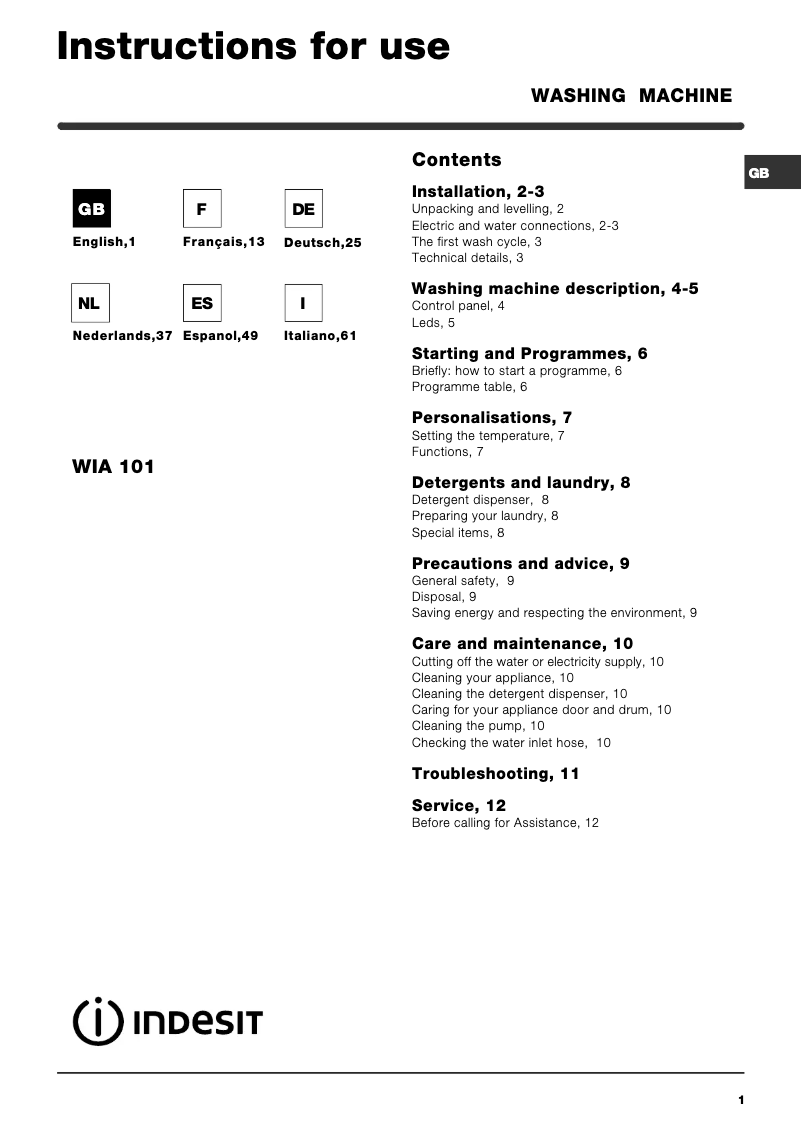 Página 1 del manual Manual de usuario Indesit WIA 101 (EU)