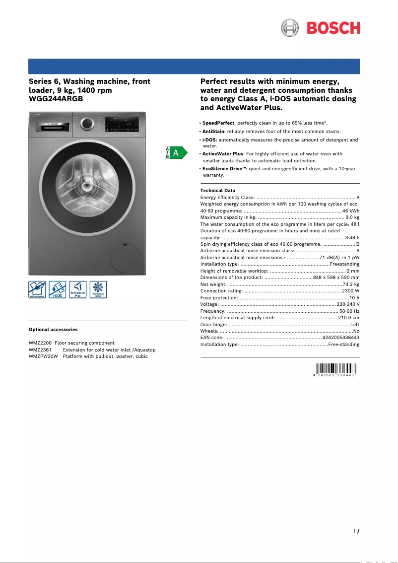 Page 1 of the manual Technical Sheet Bosch Serie 6 WGG244ARGB