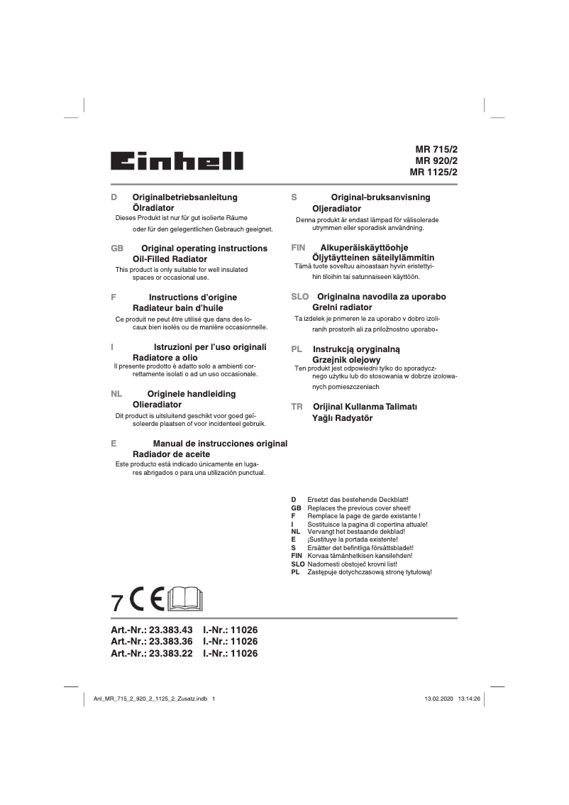 Page 1 de la notice Manuel utilisateur Einhell MR 1125/2