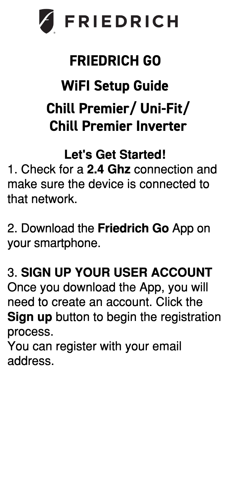 Page 1 de la notice Guide d'installation Friedrich Uni-Fit UCT10B30A