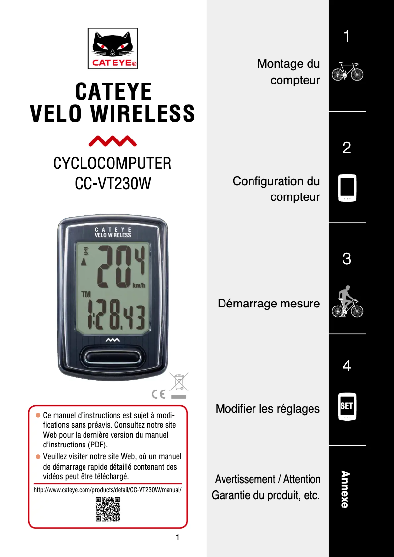 Page 1 de la notice Manuel utilisateur Cateye Velo Wireless