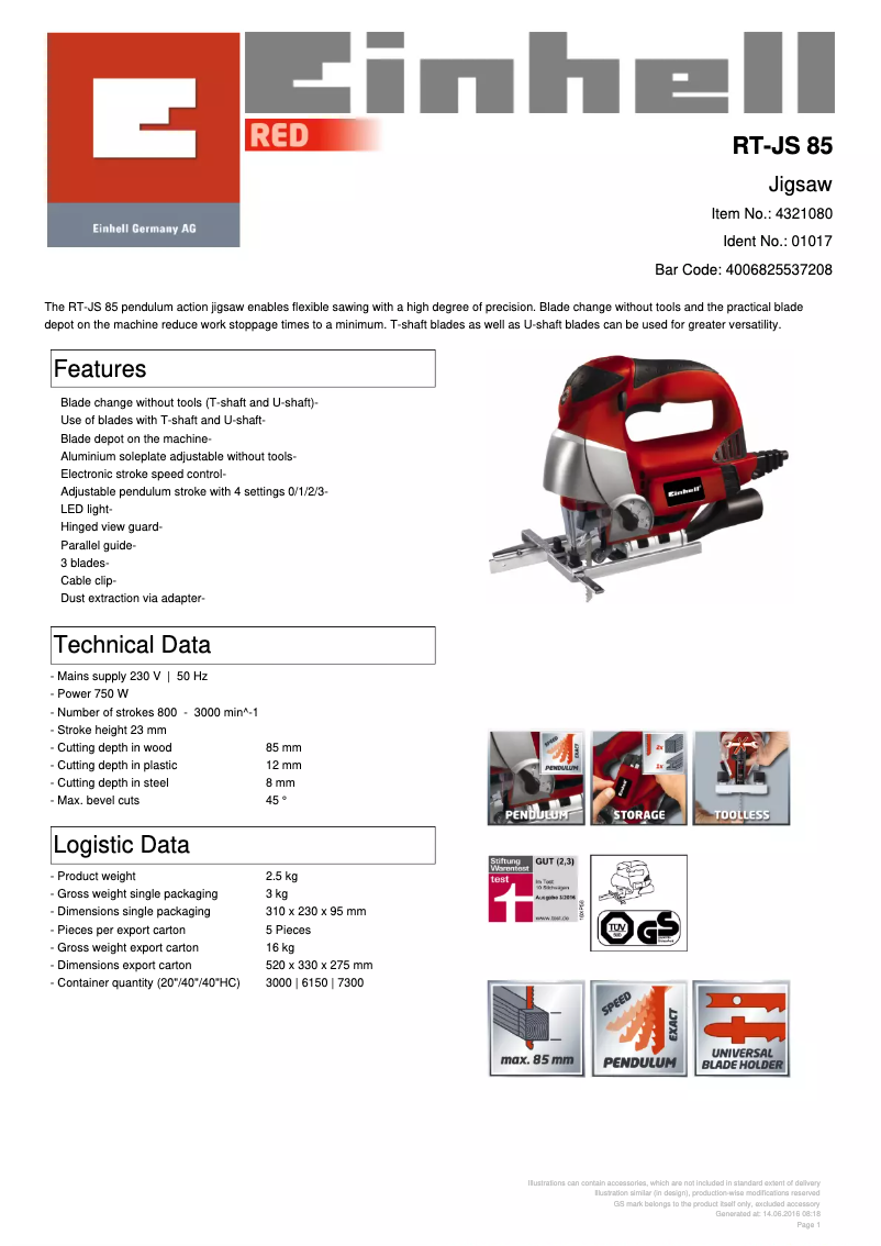 Page 1 de la notice Fiche technique Einhell RT-JS 85