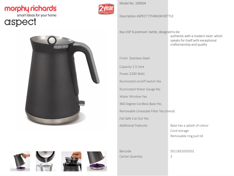 Page 1 de la notice Fiche technique Morphy Richards Aspect 100023