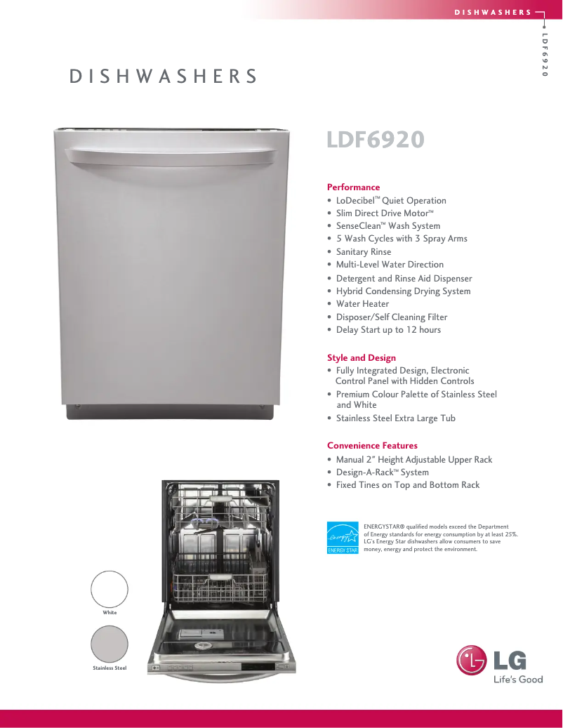 Page 1 de la notice Fiche technique LG LDF6920WW