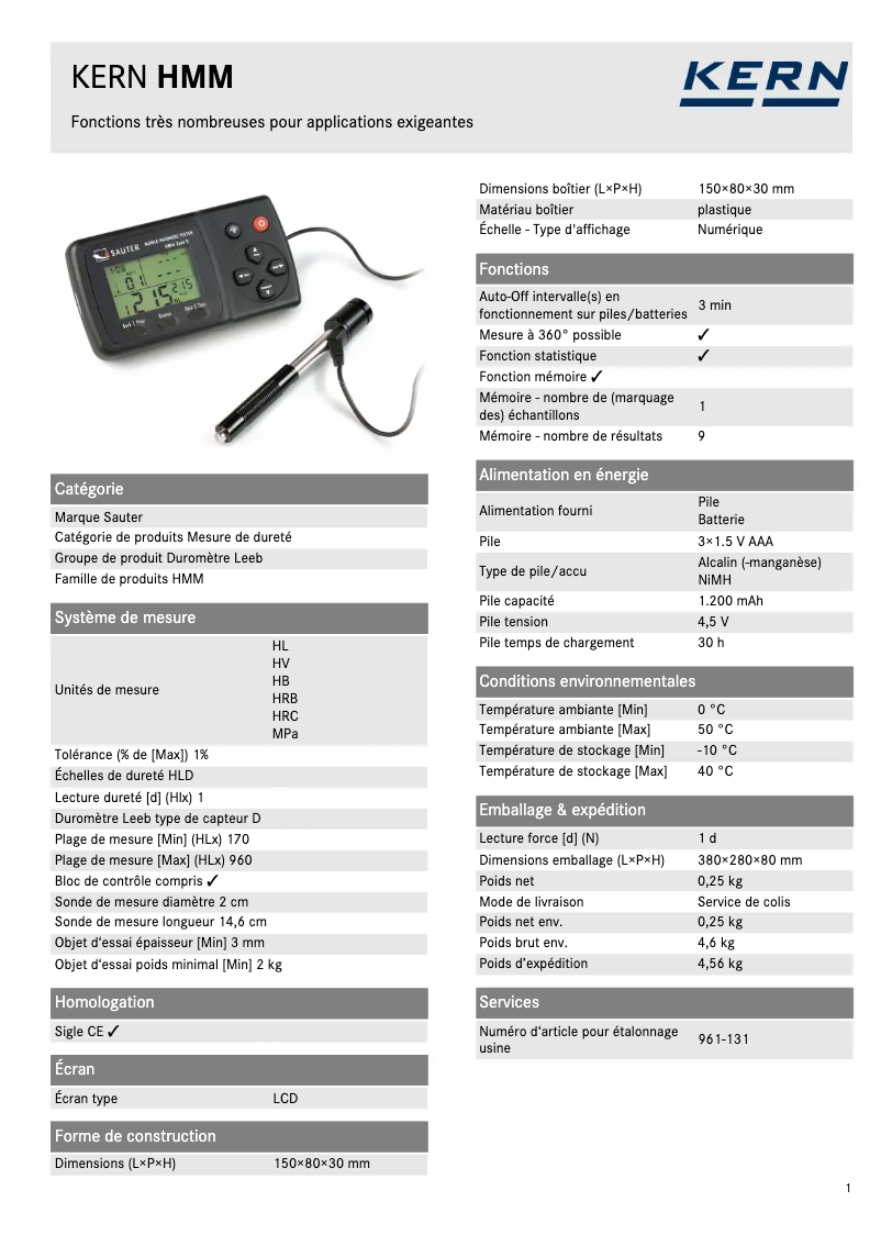 Page 1 de la notice Fiche technique Kern HMM