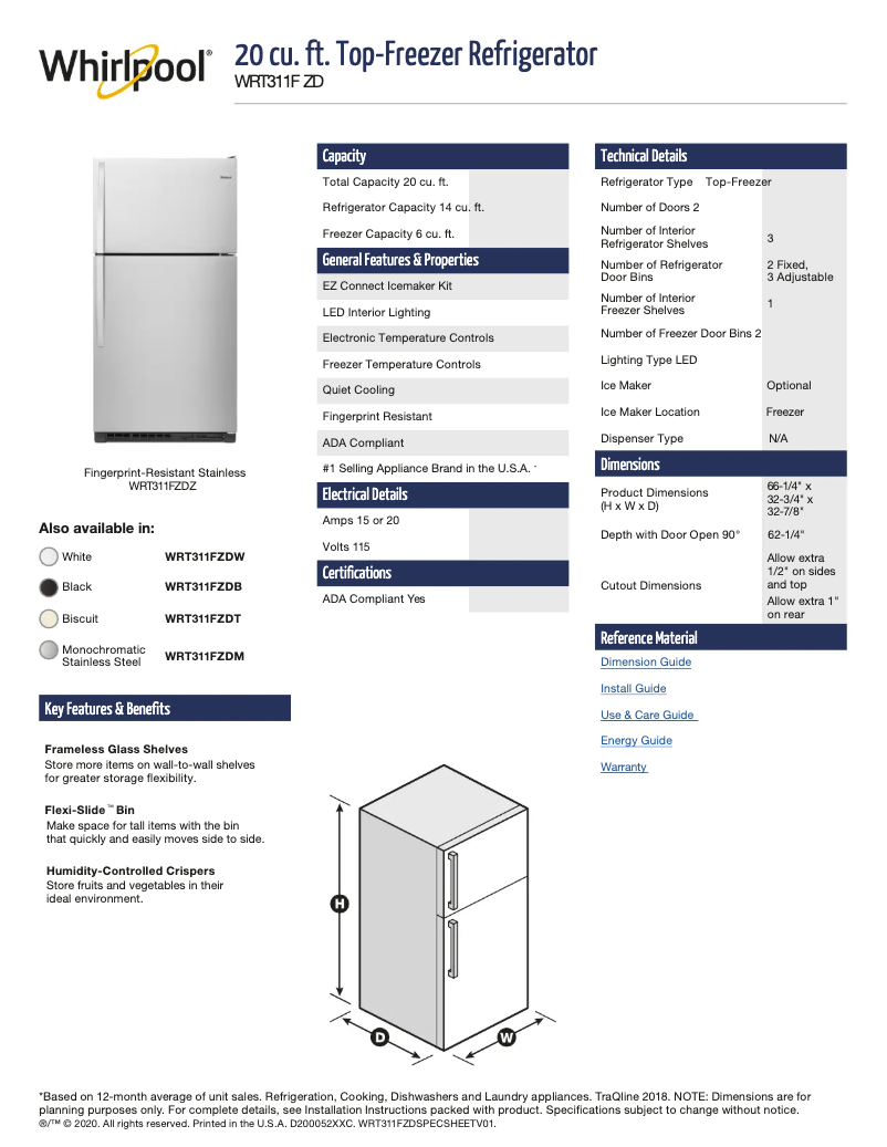 Page 1 de la notice Fiche technique Whirlpool WRT311FZDW