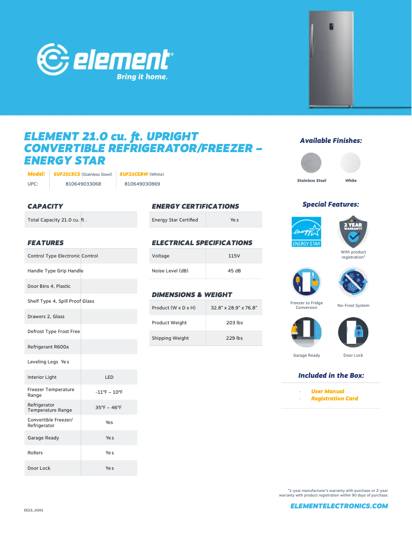 Page 1 de la notice Fiche technique Element EUF21CECS