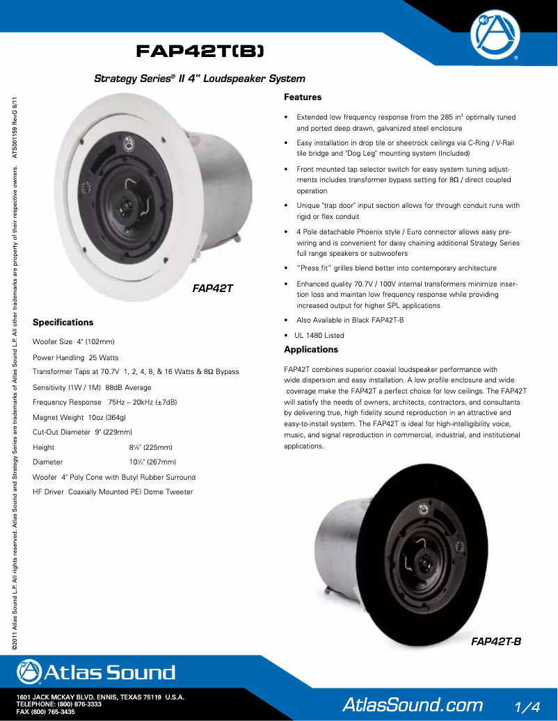 Page 1 de la notice Manuel utilisateur Atlas Sound FAP42TB