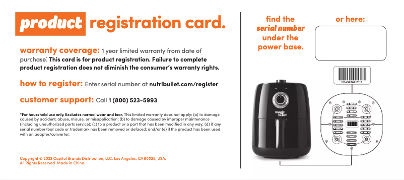 Página 1 del manual Información de garantía Magic Bullet Air Fryer