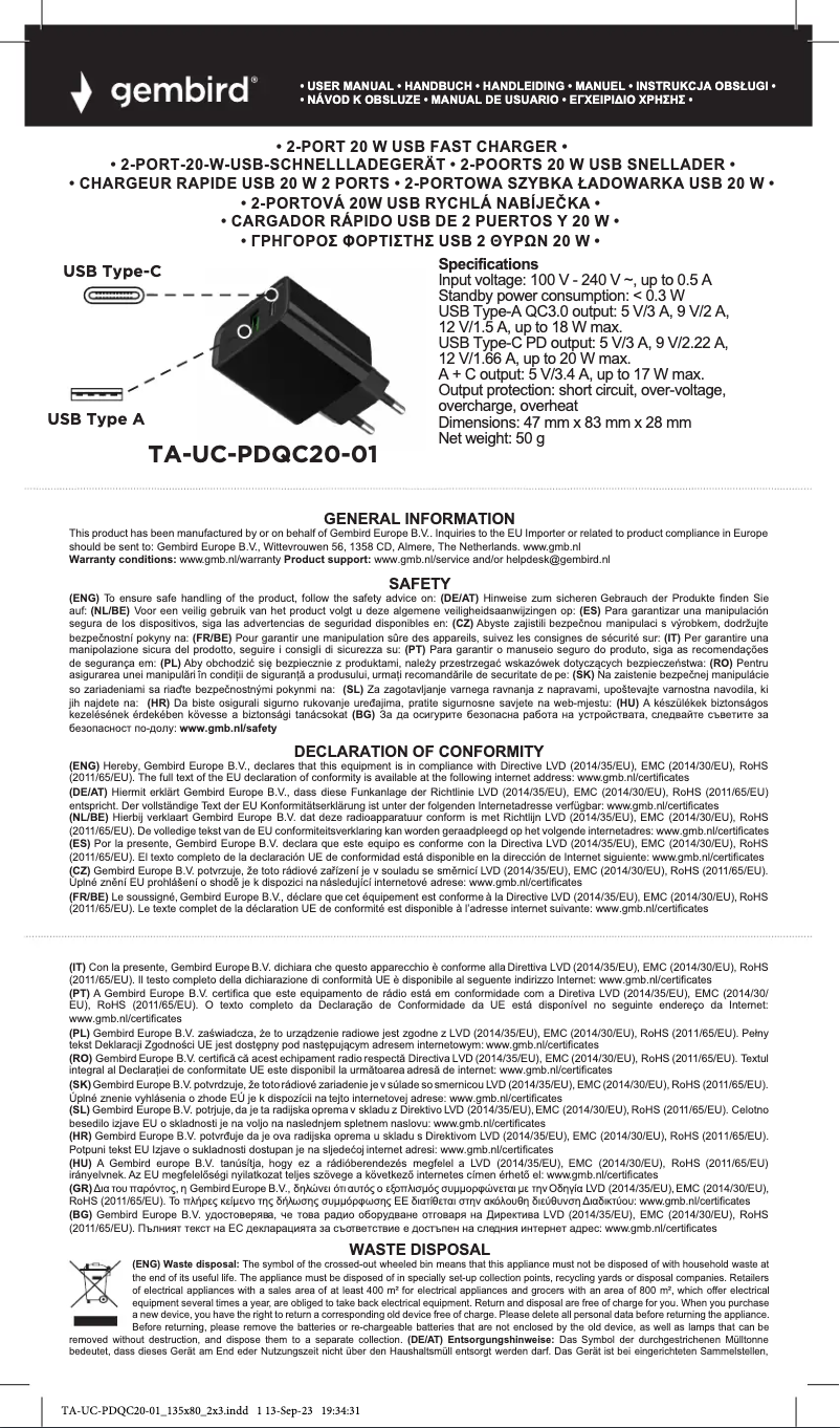 Página 1 del manual Manual de usuario Gembird TA-UC-PDQC20-01