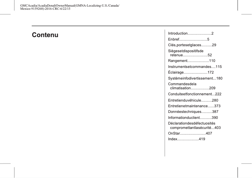 Page 1 de la notice Manuel utilisateur GMC Acadia (2016)