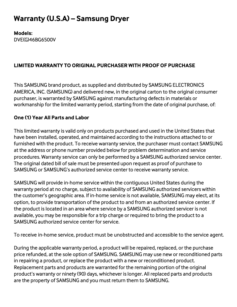 Page 1 de la notice Informations de garantie Samsung DVG46BG6500V