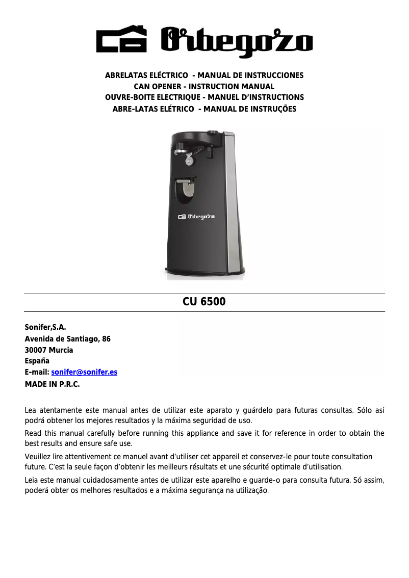 Page 1 de la notice Manuel utilisateur Orbegozo CU 6500