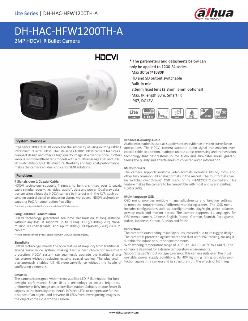 Page 1 de la notice Fiche technique Dahua Technology HAC-HFW1200TH-A
