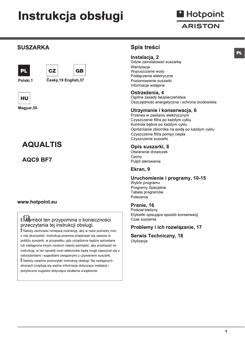 Page 1 of the manual User Manual Hotpoint Aqualtis AQC9 BF7