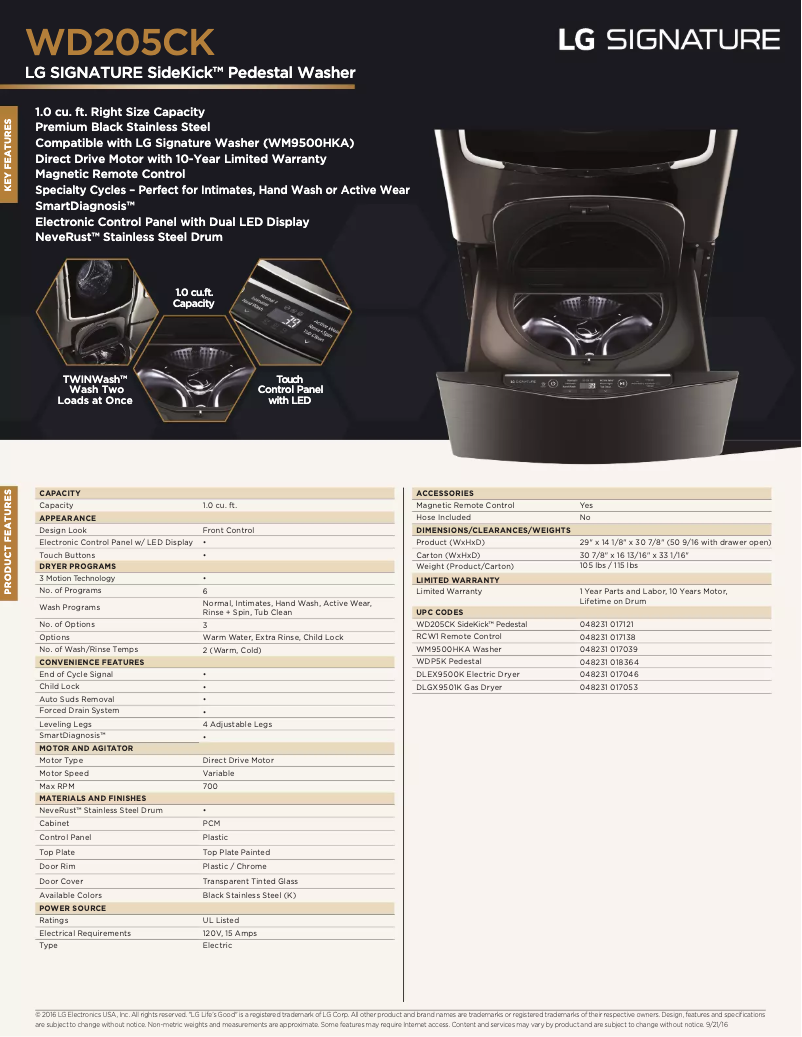 Página 1 del manual Ficha técnica LG WD205CK