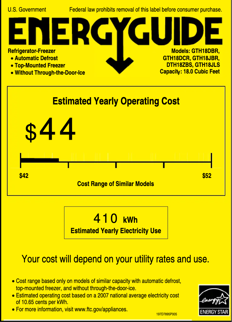 Page 1 de la notice Label énergétique GE GTH18DBRLWW