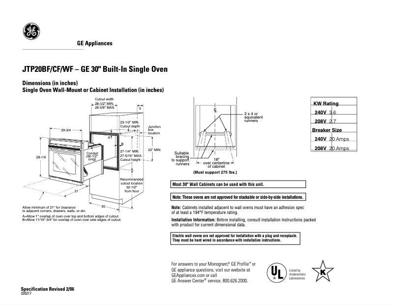 Página 1 del manual Ficha técnica GE JTP20SFSS