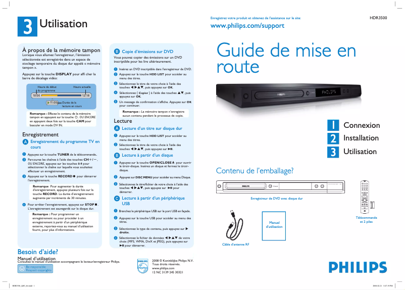 Page 1 of the manual Quick Start Guide Philips HDR3500