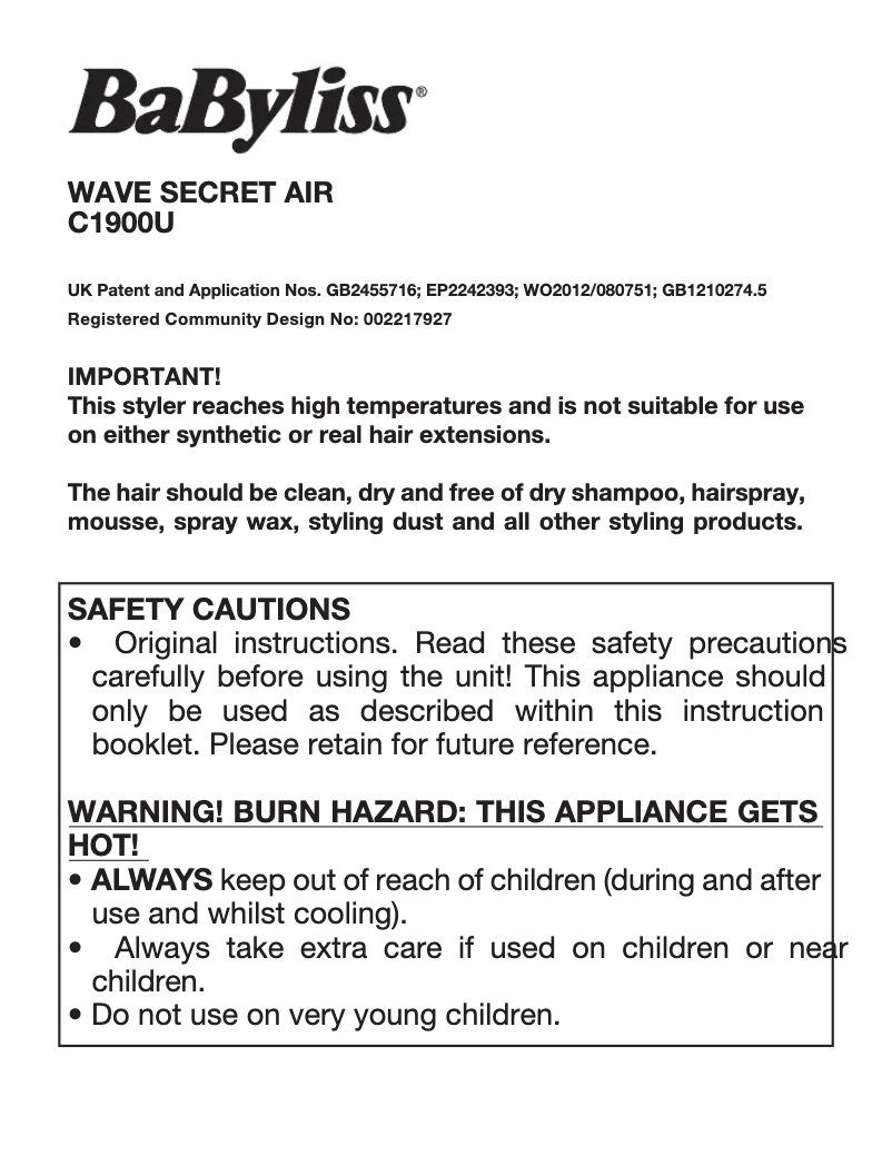 Page 1 de la notice Manuel utilisateur BaByliss Wave Secret Air C1900U