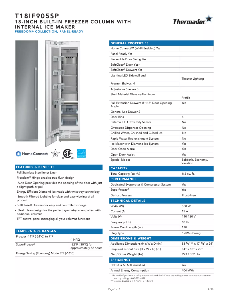 Page 1 de la notice Fiche technique Thermador T18IF905SP
