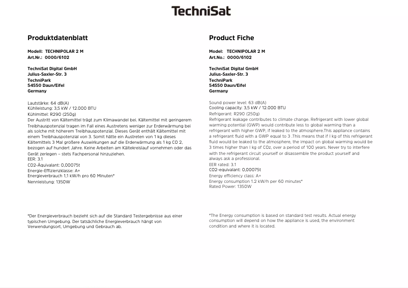Page 1 de la notice Fiche technique TechniSat Technipolar 2 M