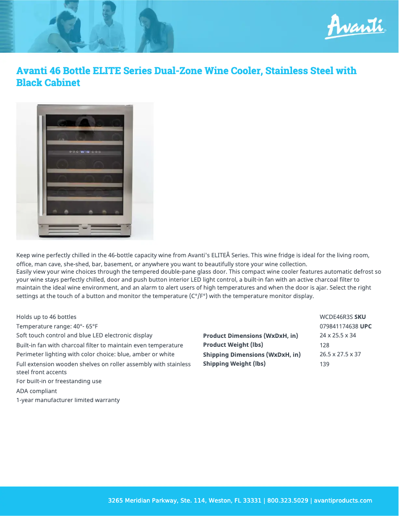 Page 1 de la notice Fiche technique Avanti WCDE46R3S