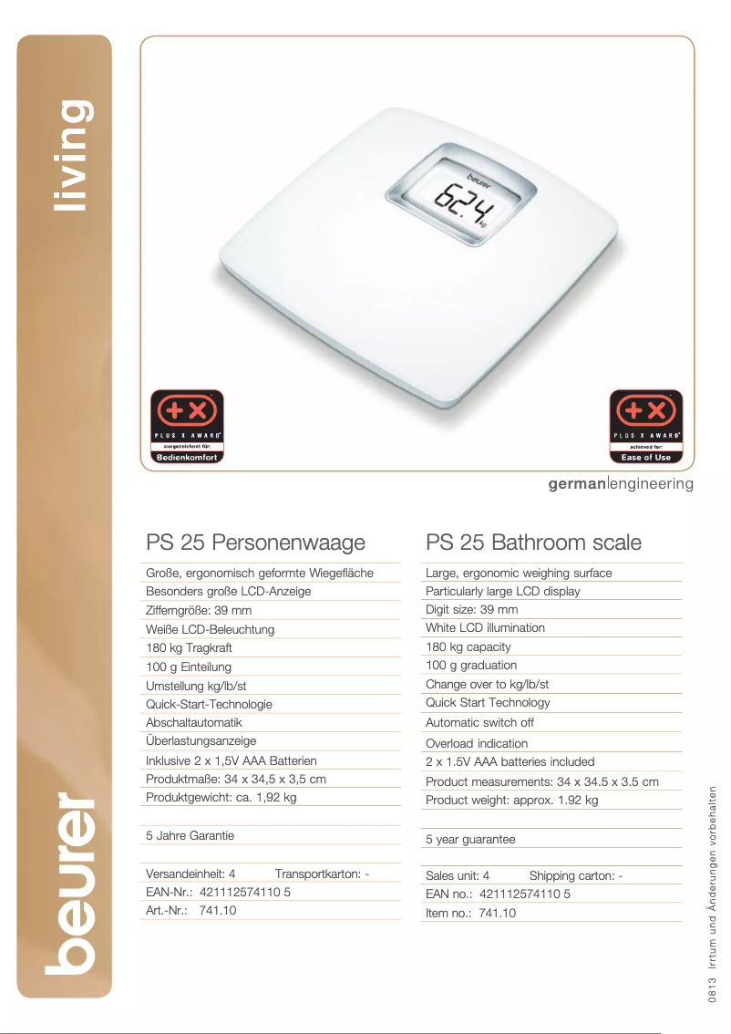 Page 1 de la notice Fiche technique Beurer PS 25