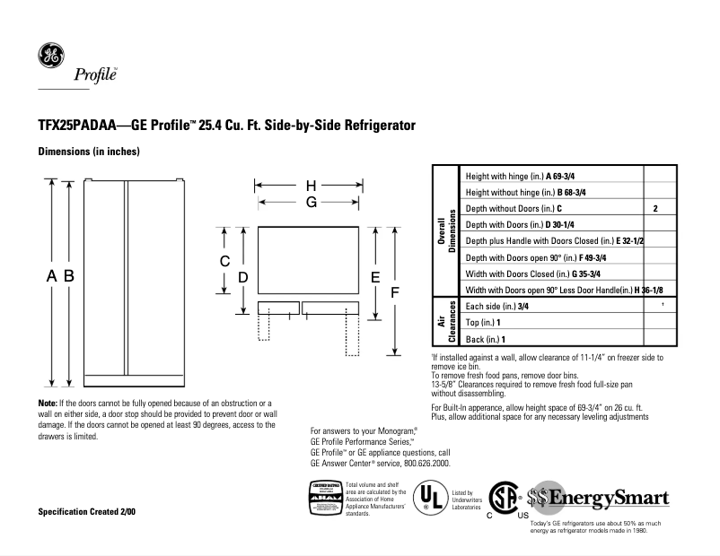 Page n°1 - Fiche technique GE Profile TFX25PADAA