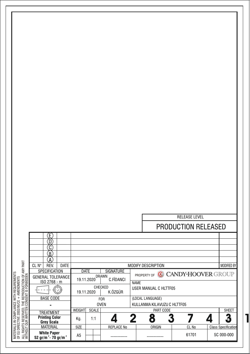 Page 1 de la notice Manuel utilisateur Candy FCDIEN536X