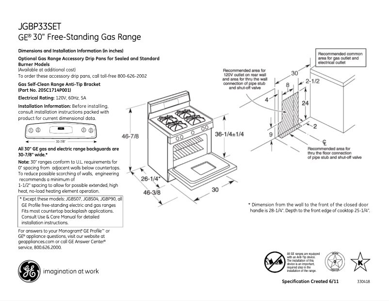 Página 1 del manual Ficha técnica GE JGBP33SETSS