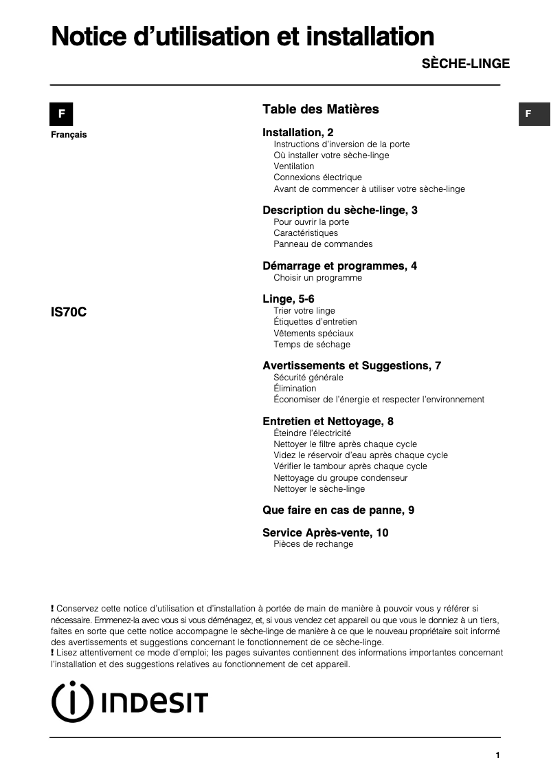Page 1 de la notice Manuel utilisateur Indesit IS70C (FR)
