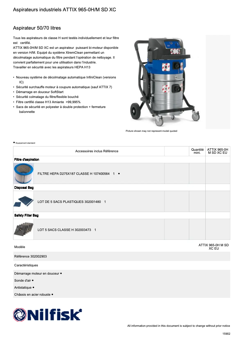 Page 1 de la notice Fiche technique Nilfisk ATTIX 965-21 SD XC
