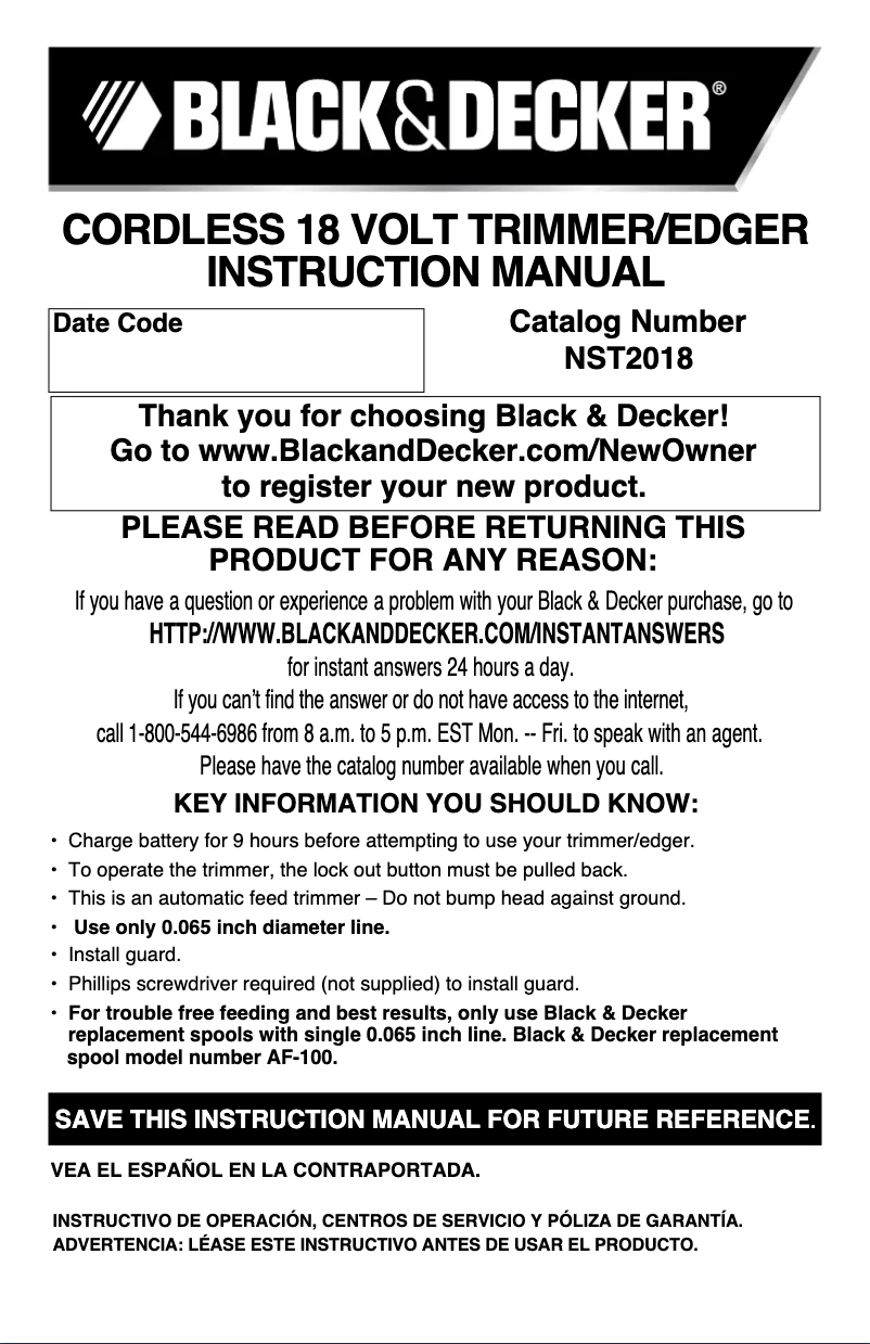 Page 1 de la notice Manuel utilisateur Black & Decker NST2018
