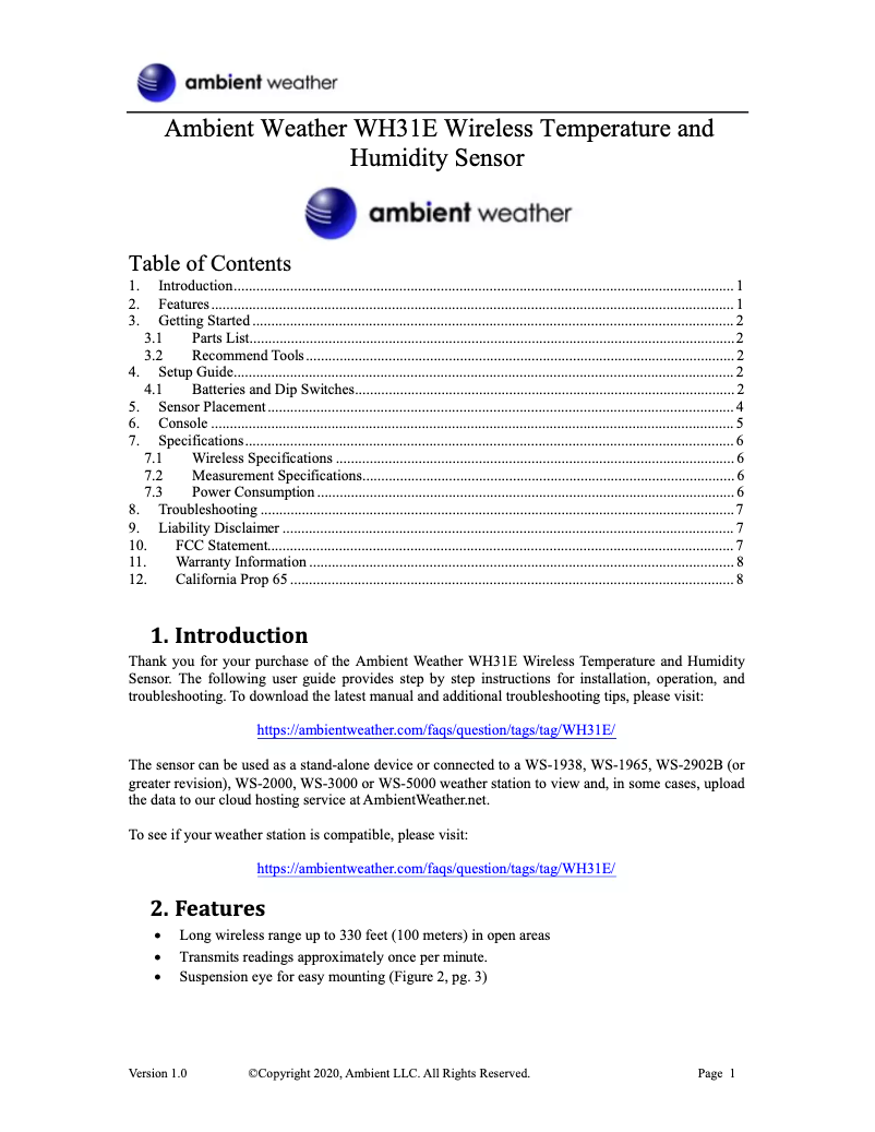 Page 1 de la notice Manuel utilisateur Ambient Weather WH31E