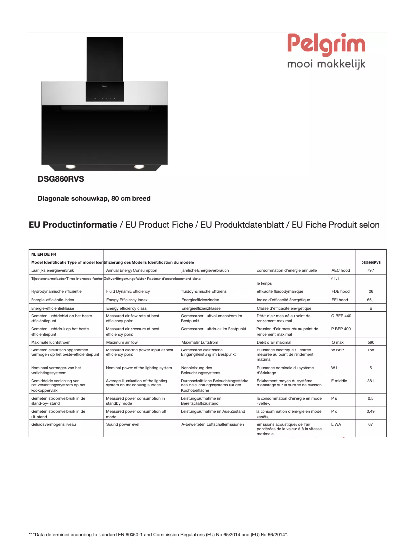 Page 1 de la notice Fiche technique Pelgrim DSG860RVS
