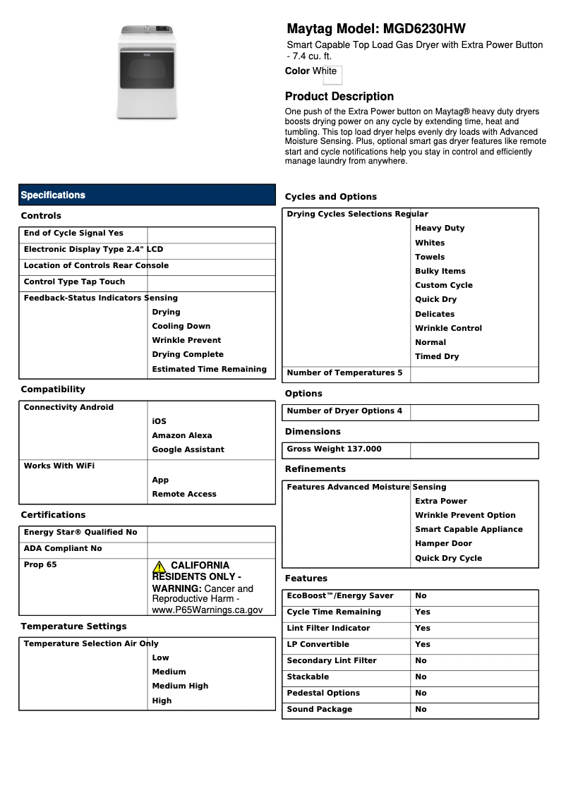 Page 1 de la notice Fiche technique Maytag MGD6230HW