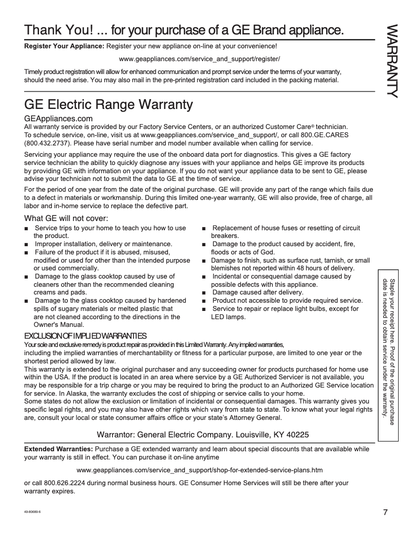 Page 1 de la notice Informations de garantie GE JB645DKWW