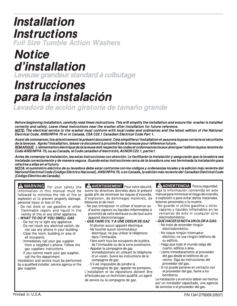 Page 1 de la notice Guide d'installation Frigidaire GLTF530DS
