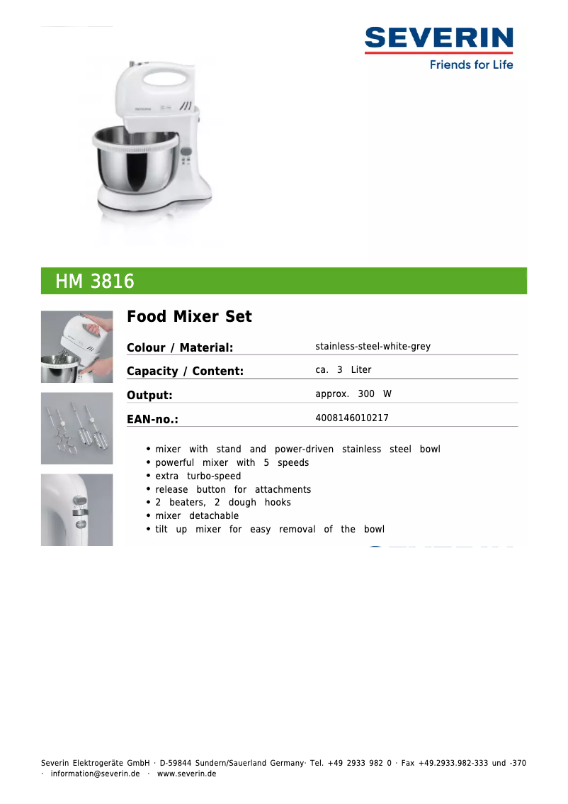 Page 1 de la notice Fiche technique Severin HM 3816