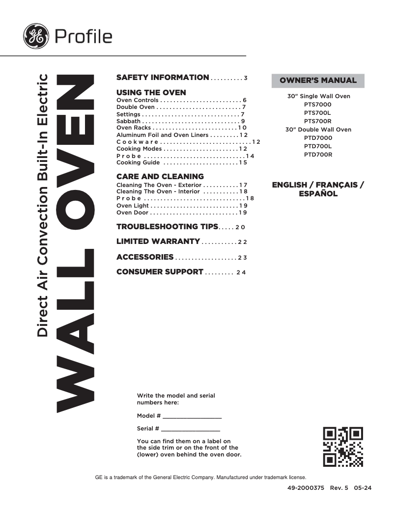 Page 1 de la notice Manuel d'utilisation et d'entretien GE Profile PTD7000FNDS