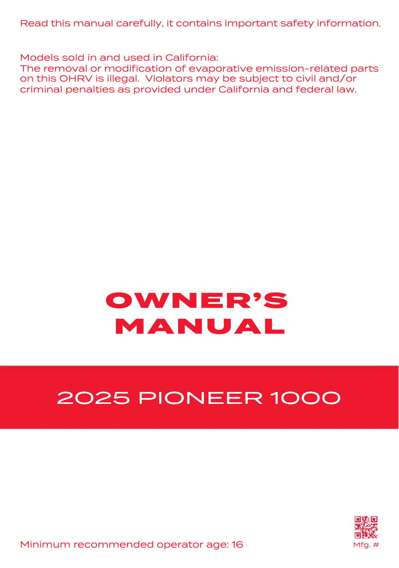Page 1 de la notice Manuel utilisateur Honda Pioneer 1000 (2025)