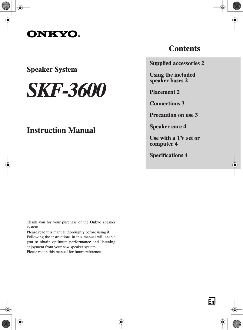 Page 1 de la notice Manuel utilisateur Onkyo SKF-3600