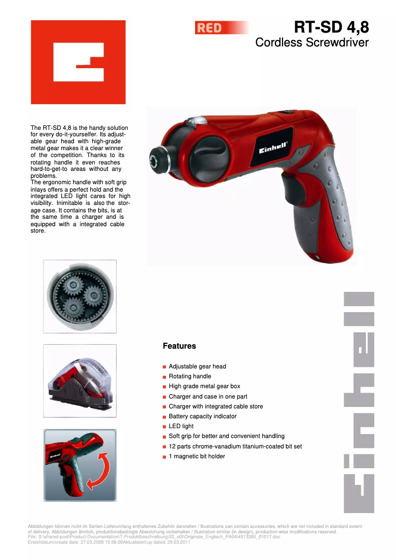 Page 1 de la notice Manuel utilisateur Einhell RT-SD 4,8